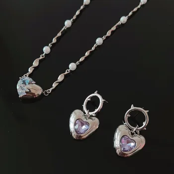 Y2K Ювелирные изделия Геометрическое ожерелье с подвеской в виде сердца из циркона для женщин, Модное винтажное ожерелье в стиле панк, серьги, Шарм 90-х, эстетические подарки