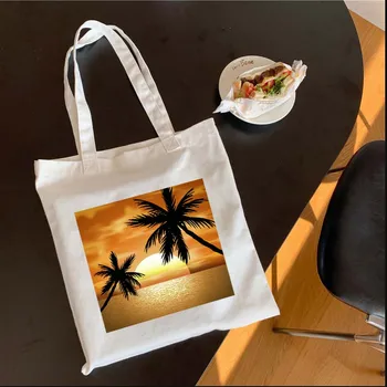 Иллюстрация листовки о закате на берегу моря Женская холщовая сумка для покупок Повседневная сумка-тоут Большая вместительная хозяйственная сумка складная