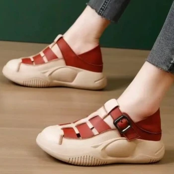 Римские босоножки с толстой подошвой, женские летние вулканизированные туфли с пряжкой и круглым носком, удобные противоскользящие лоферы Zapatos De Mujer