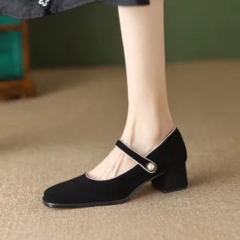 Mary Janes / женские черные туфли-лодочки из искусственной замши с жемчужной пряжкой, модельные туфли на высоком массивном каблуке, весна-осень 1702N