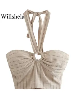 Willshela, женские модные топы в полоску цвета хаки, плиссированные, с открытой спиной, укороченные, винтажный, с коротким вырезом, женский, шикарный, женский, укороченный топ