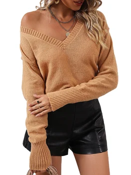 Женский свитер оверсайз крупной вязки с V образным вырезом и длинным рукавом, свободный однотонный осенний повседневный пуловер, топы, уличная одежда